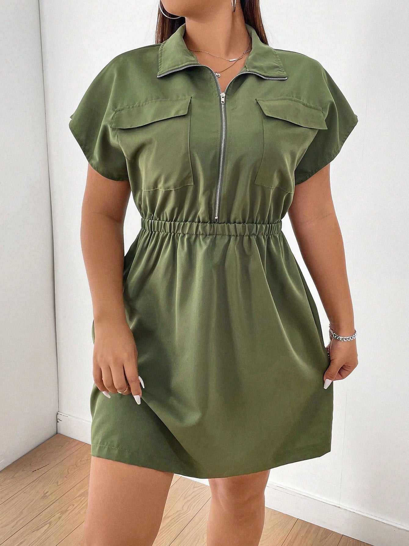 Vestido Cor Sólida Plus Size Zíper Manga Morcego Elástico Cintura