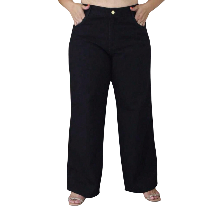 Calça Jeans Feminina Perna Larga Plus Size Retrô Blogueira