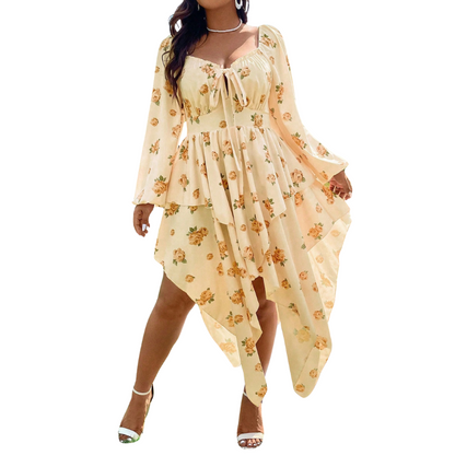 Vestido  Floral Frente Assimétrica Plus Size