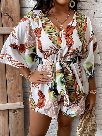 Macacão Tropical Plus Size com Cinto e Manga Ampla