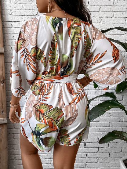 Macacão Tropical Plus Size com Cinto e Manga Ampla
