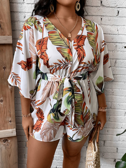 Macacão Tropical Plus Size com Cinto e Manga Ampla