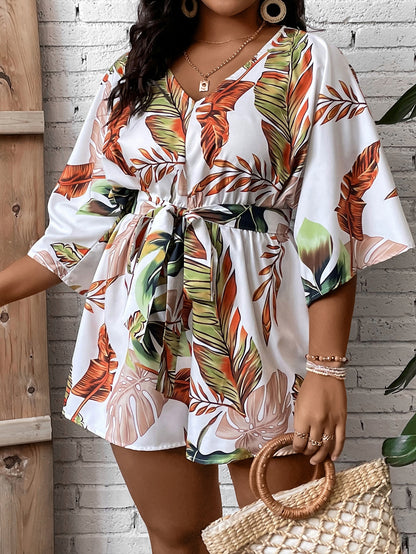 Macacão Tropical Plus Size com Cinto e Manga Ampla