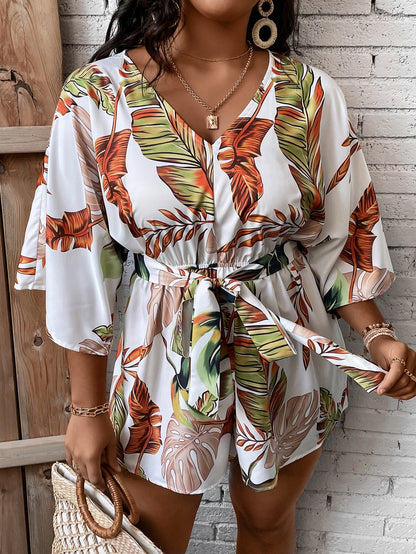 Macacão Tropical Plus Size com Cinto e Manga Ampla