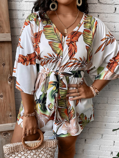 Macacão Tropical Plus Size com Cinto e Manga Ampla