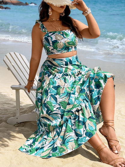 Conjunto Vibração Tropical – Top Cropped e Saia com Babado Plus Size