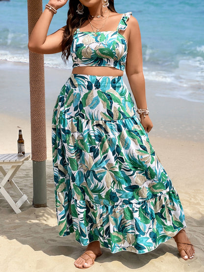 Conjunto Vibração Tropical – Top Cropped e Saia com Babado Plus Size