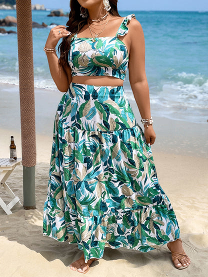 Conjunto Vibração Tropical – Top Cropped e Saia com Babado Plus Size