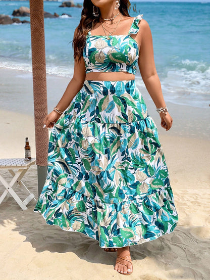 Conjunto Vibração Tropical – Top Cropped e Saia com Babado Plus Size