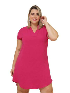 Vestido Curto liso Plus Size Manga Curta Gola V