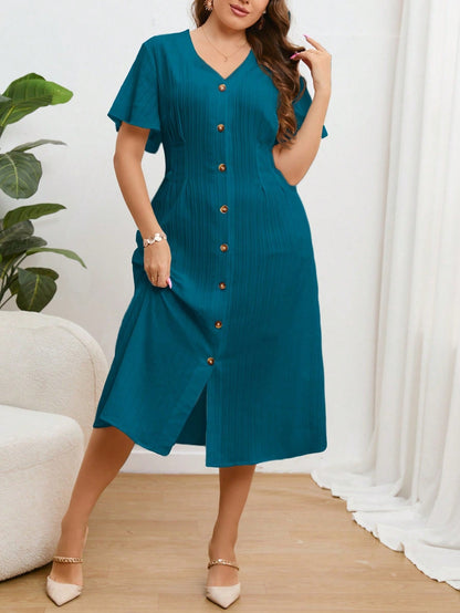 Vestido Midi Plus Size Feminino com Botão Frontal