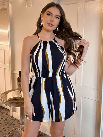 Macacão Plus Size Halterneck com Estampa Listrada – Luxo e Elegância