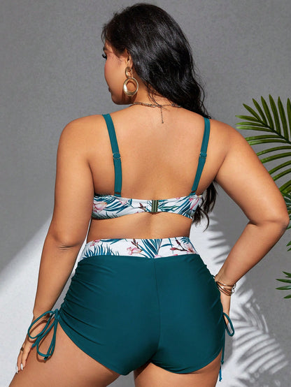Sunquíni Plus Size Estampa Tropical com Amarração Lateral (2 Peças)