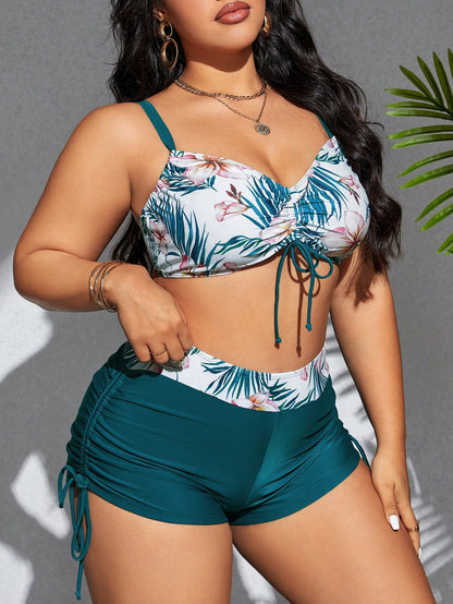 Sunquíni Plus Size Estampa Tropical com Amarração Lateral (2 Peças)