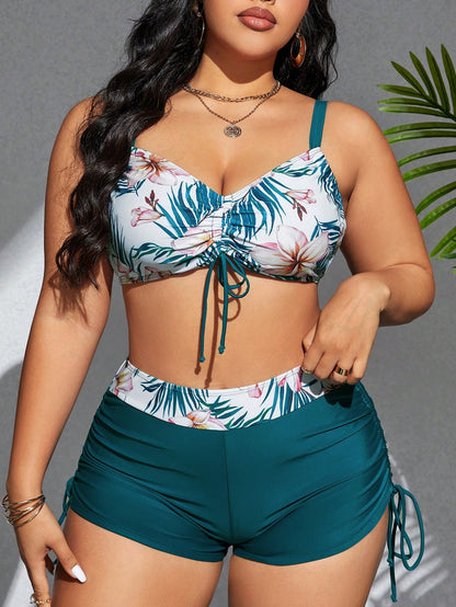 Sunquíni Plus Size Estampa Tropical com Amarração Lateral (2 Peças)