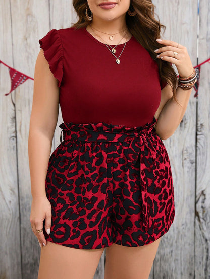 Conjunto Plus Size Casual com Top Manga Esvoaçante e Shorts Estampado – Estilo Elegante e Confortável
