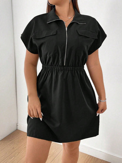 Vestido Cor Sólida Plus Size  Zíper Manga Morcego Elástico Cintura