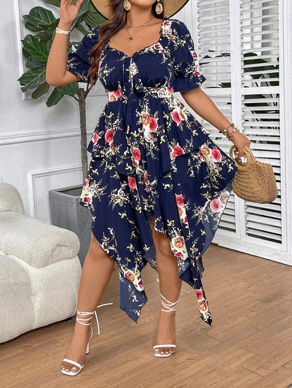 Vestido  Floral Frente Assimétrica Plus Size