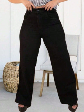 Calça Jeans Feminina Perna Larga Plus Size  Retrô Blogueira