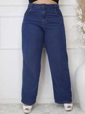 Calça Jeans Feminina Perna Larga Plus Size  Retrô Blogueira