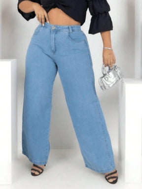 Calça Jeans Feminina Perna Larga Plus Size  Retrô Blogueira