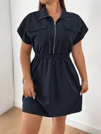 Vestido Cor Sólida Plus Size  Zíper Manga Morcego Elástico Cintura