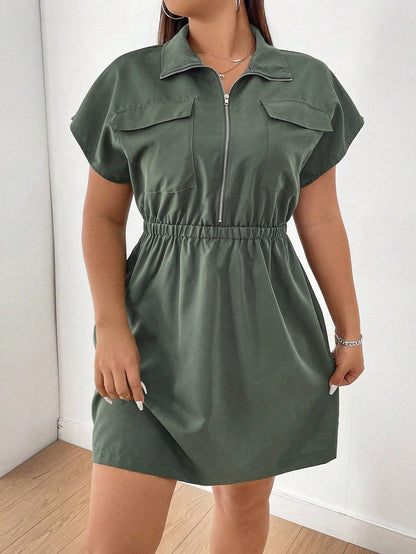 Vestido Cor Sólida Plus Size  Zíper Manga Morcego Elástico Cintura