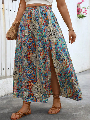 Saia Free Spirit Plus Size – Estilo Boho com Fenda Lateral e Estampa Paisley