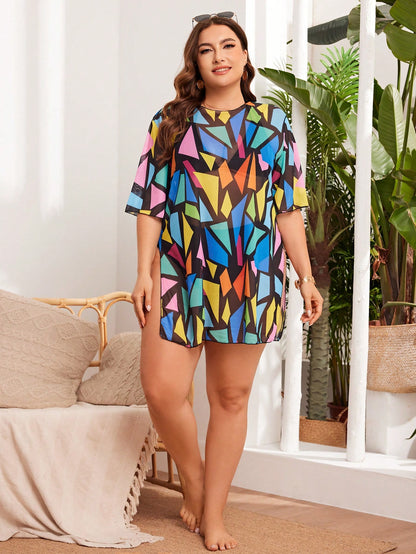 Sunny Escape - Saída de Praia Plus Size Estampada Geométrica