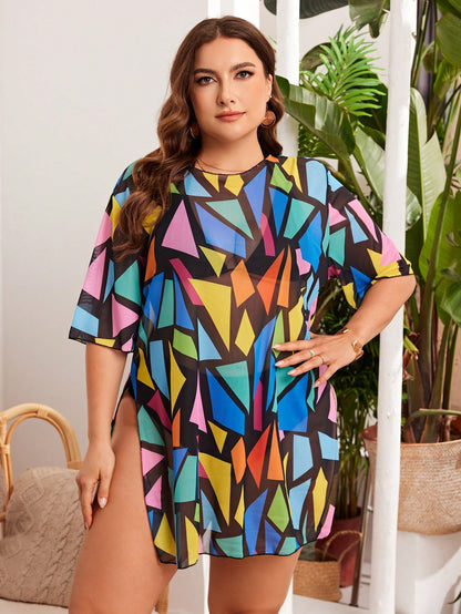 Sunny Escape - Saída de Praia Plus Size Estampada Geométrica