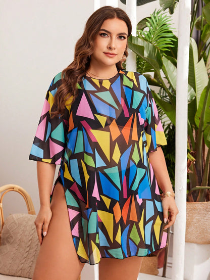 Sunny Escape - Saída de Praia Plus Size Estampada Geométrica