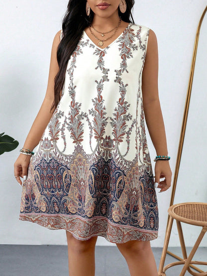Vestido Plus Size Regata Feminino Curto Estampado Decote V
