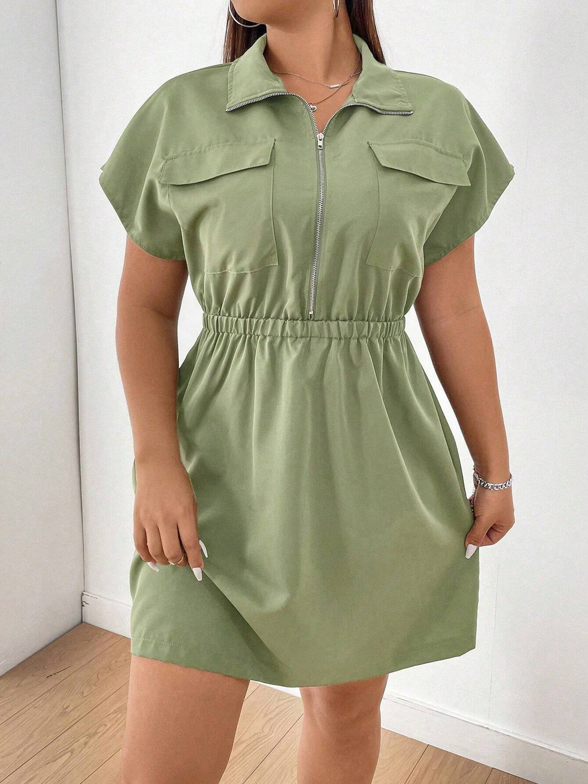 Vestido Cor Sólida Plus Size  Zíper Manga Morcego Elástico Cintura