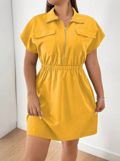 Vestido Cor Sólida Plus Size  Zíper Manga Morcego Elástico Cintura