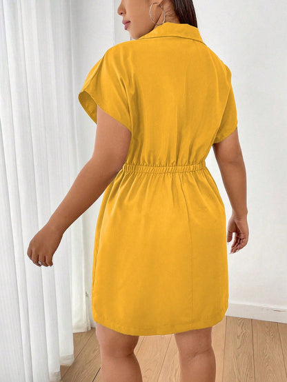 Vestido Cor Sólida Plus Size  Zíper Manga Morcego Elástico Cintura