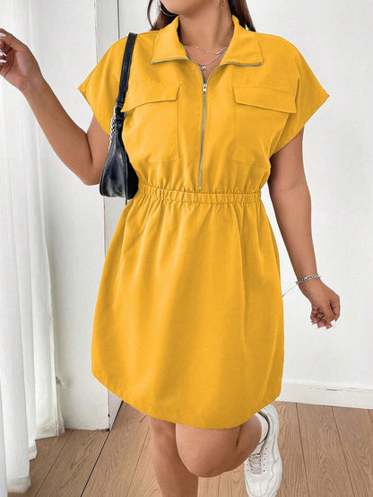 Vestido Cor Sólida Plus Size  Zíper Manga Morcego Elástico Cintura