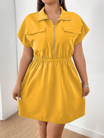 Vestido Cor Sólida Plus Size  Zíper Manga Morcego Elástico Cintura