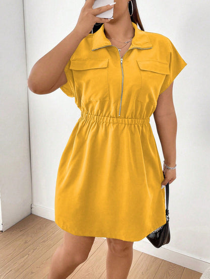 Vestido Cor Sólida Plus Size  Zíper Manga Morcego Elástico Cintura