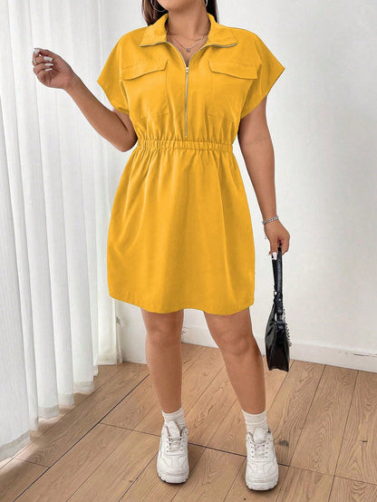Vestido Cor Sólida Plus Size  Zíper Manga Morcego Elástico Cintura