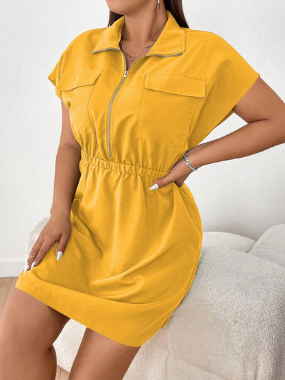 Vestido Cor Sólida Plus Size  Zíper Manga Morcego Elástico Cintura