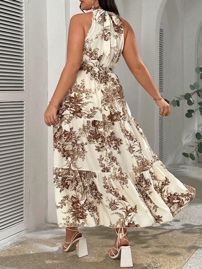 Vestido Plus Size Floral Longo com Cinto e Babados