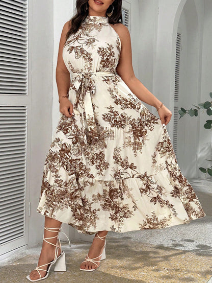 Vestido Plus Size Floral Longo com Cinto e Babados