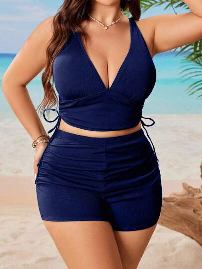 Conjunto Bikini Azul Petróleo com Amarração Lateral e Textura Canelada
