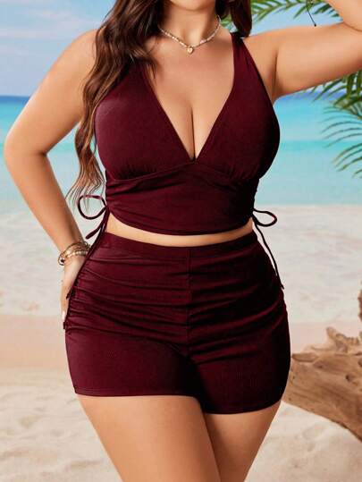 Conjunto Bikini Azul Petróleo com Amarração Lateral e Textura Canelada