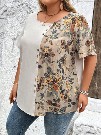 Camisa Floral em Botões Plus Size