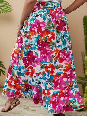 Saia Longa Plus Size Boho Floral com Laço e Babados Laterais