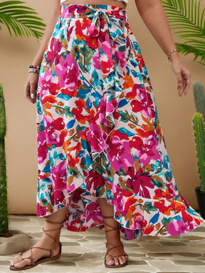 Saia Longa Plus Size Boho Floral com Laço e Babados Laterais