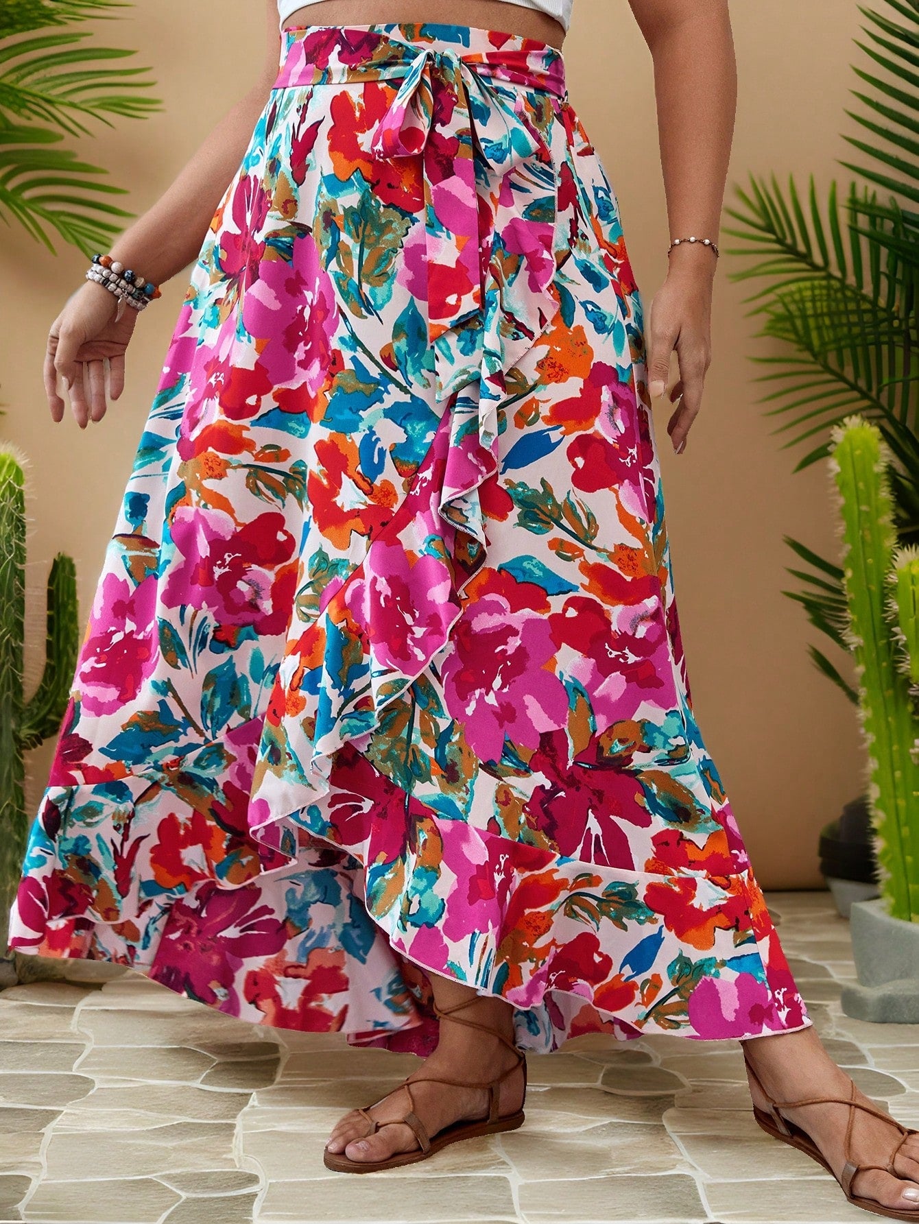 Saia Longa Plus Size Boho Floral com Laço e Babados Laterais