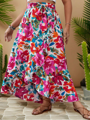 Saia Longa Plus Size Boho Floral com Laço e Babados Laterais