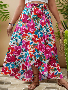 Saia Longa Plus Size Boho Floral com Laço e Babados Laterais